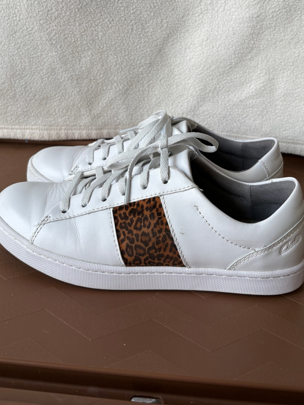 Clarks White Leather Sneakers with Leopard Side Panel